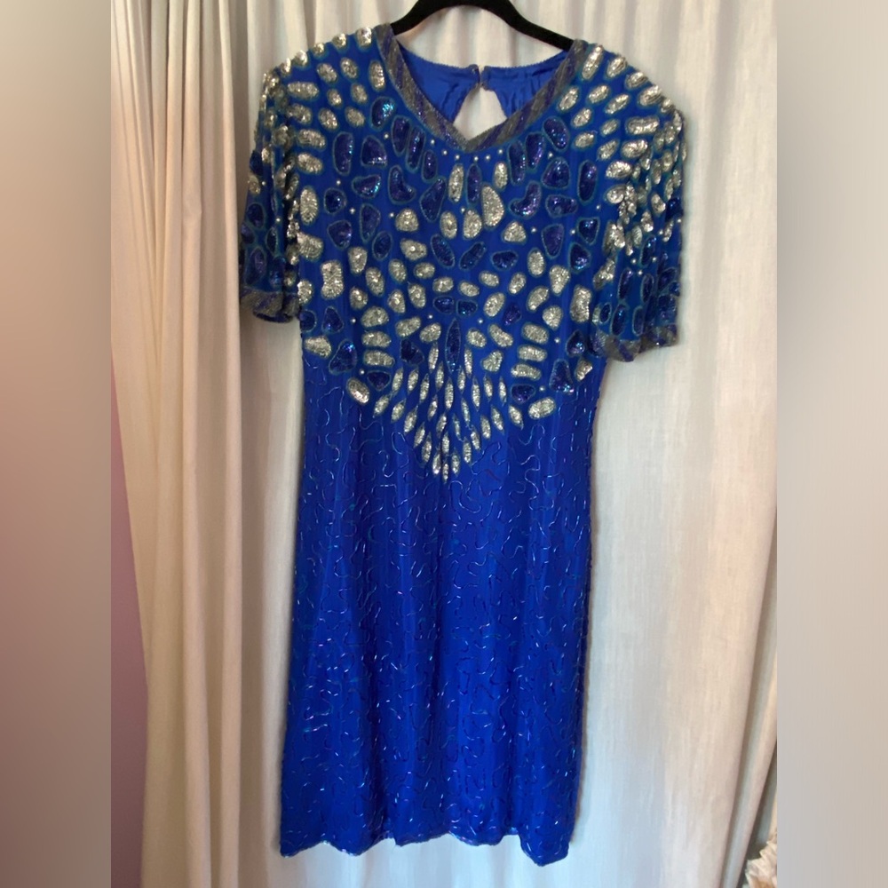 Stunning Vintage Blue Beaded & Sequin Dress Sweelo Size Woman’s XL Shoulder Pads